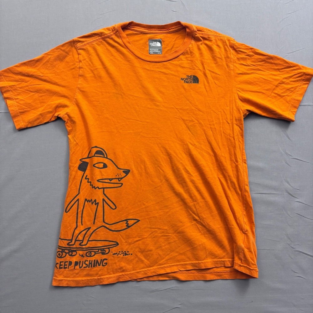 The North Face Boys Orange Keep Pushing Skateboard Fox Graphic T-Shirt Size L 16